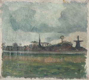 Paisaje con molino de viento e iglesia